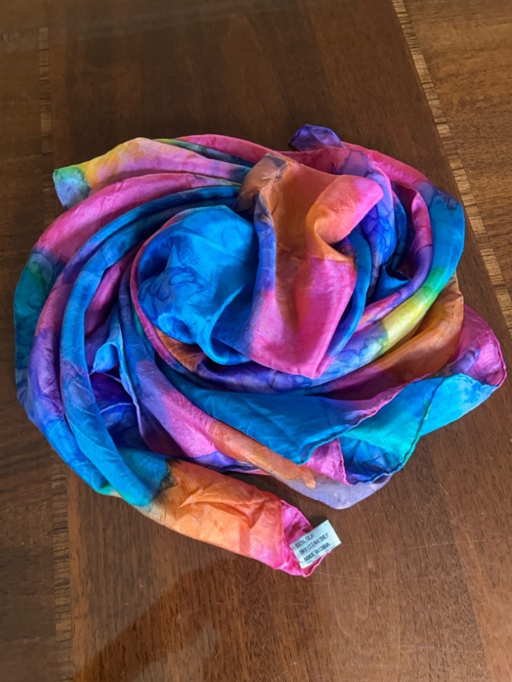 Multicolor Tie-Dye Silk Scarf - Blue, Pink, Orange, Purple, Green hand rolled